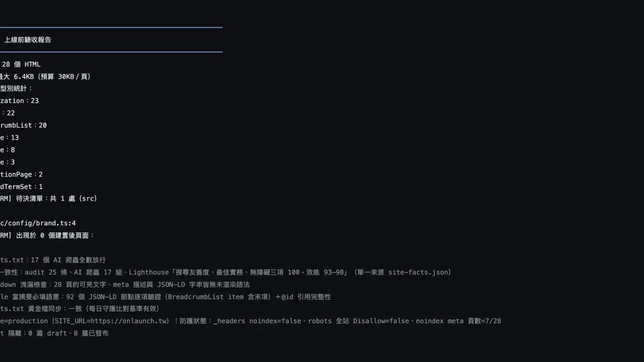 上線前自動檢查的執行輸出，逐條顯示檢查項目與結果