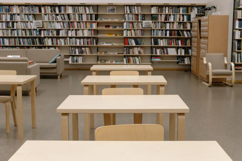 木桌與整牆書架的圖書館