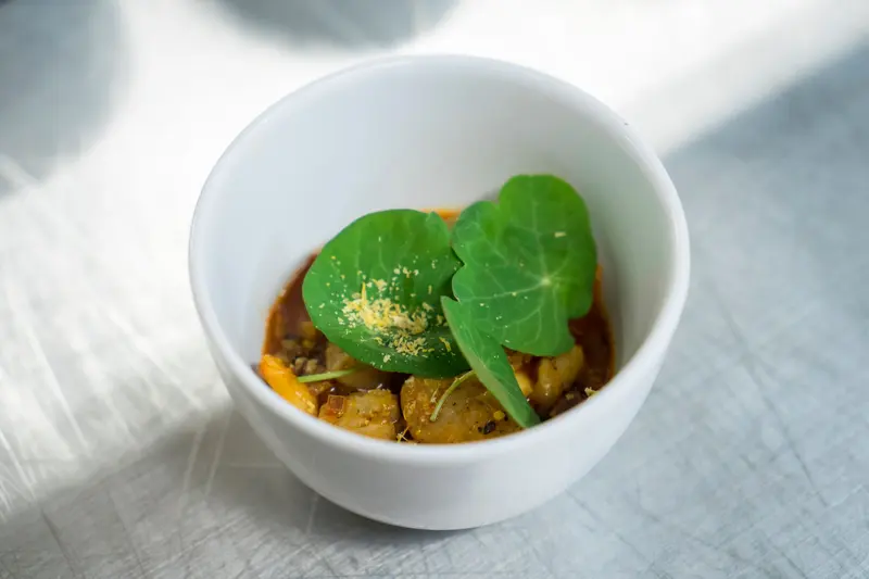 擺上綠葉的精緻料理